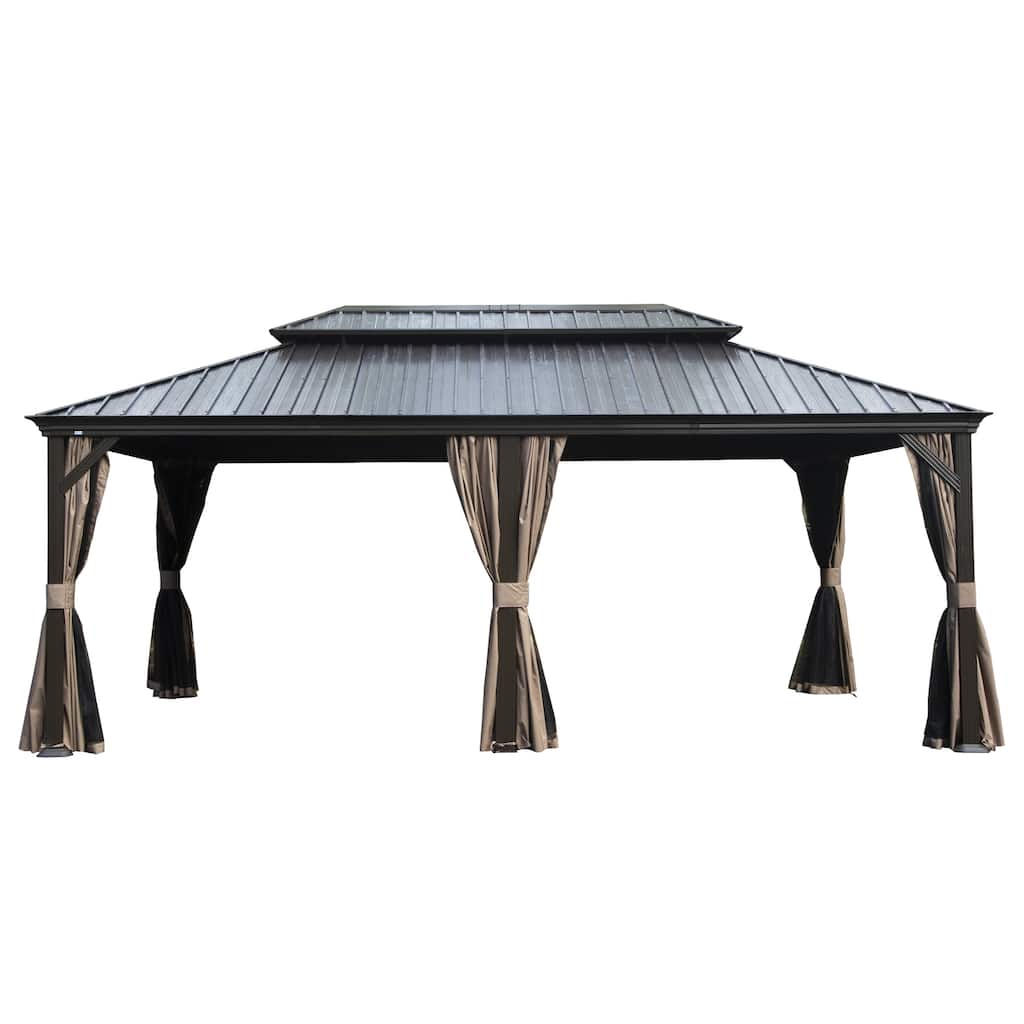 12' X 18' Hardtop Gazebo with Drainage System, Galvanized Steel Roof, Curtains, and Netting for Outdoor Living
