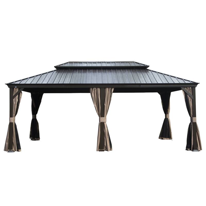 12' X 18' Hardtop Gazebo with Drainage System, Galvanized Steel Roof, Curtains, and Netting for Outdoor Living