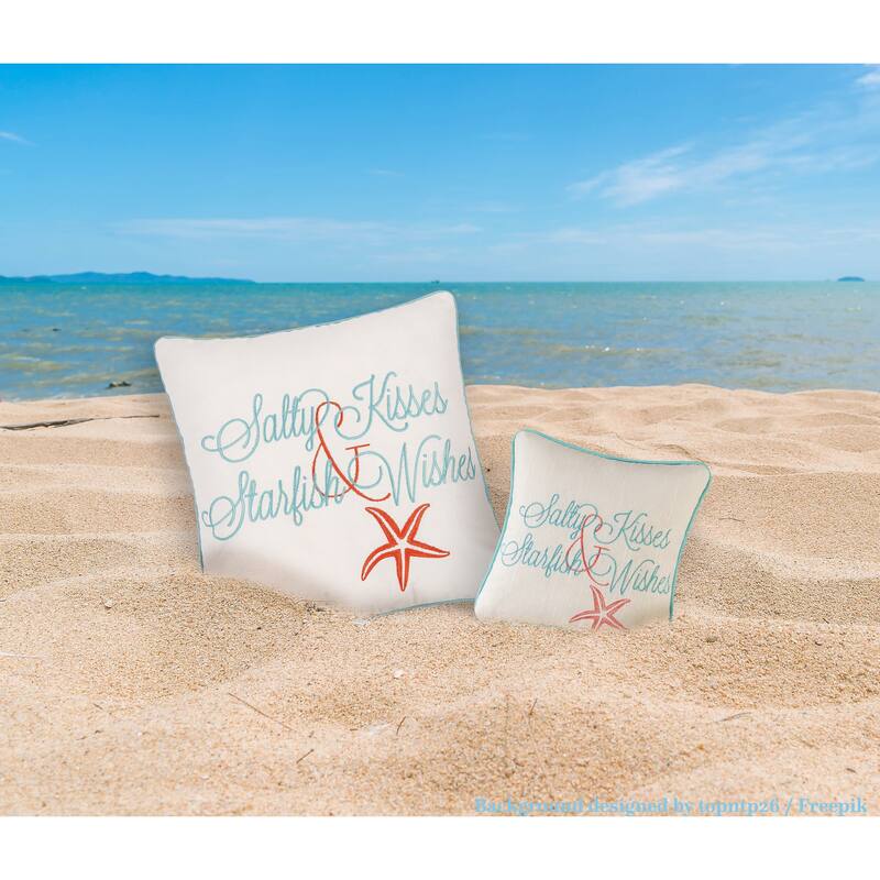 Salty Kisses & Starfish Wishes Embroidered Coastal Decorative Throw Pillow