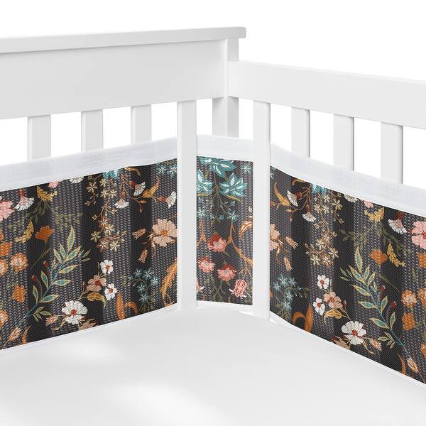 slide 2 of 6, Sweet Jojo Designs + BreathableBaby Breathable Mesh Crib Liner Pad Boho Wildflower Vintage Floral Girl Black Orange Bohemian