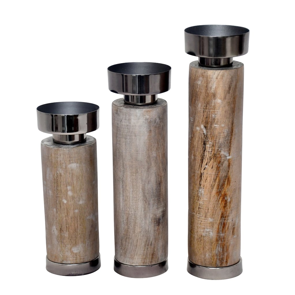 Mango Wood, Elliot Grey Candle Holders, 12"H, Set Of 3 - 3" x 3" x 12"