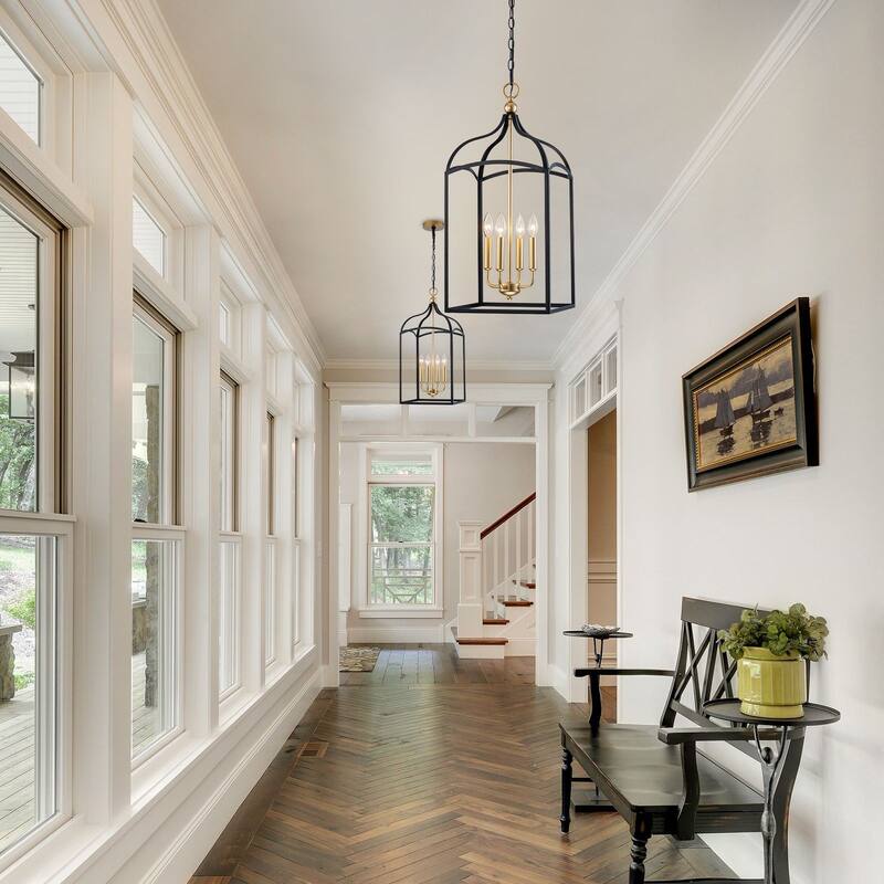 Farmhouse 4-Light Lantern Chandelir for Dining Room Foyer - Black & Gold