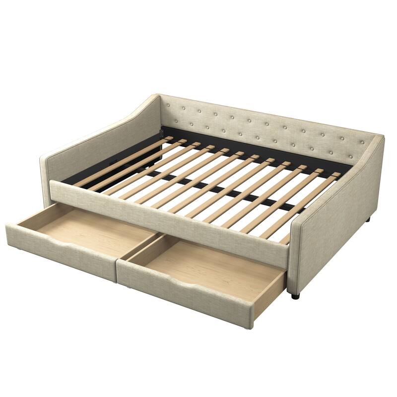 Modern Sofa Bed with Two Large Storage Drawers and Waved Arms Design