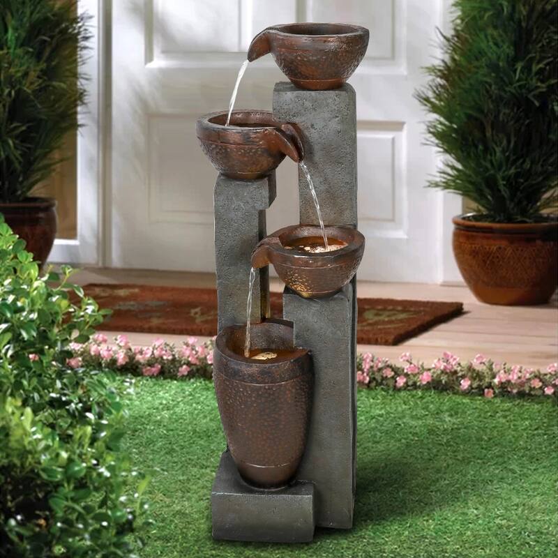 40" H Outdoor Water Fountain Resin Waterfall Home Garden Decor with LED Lights