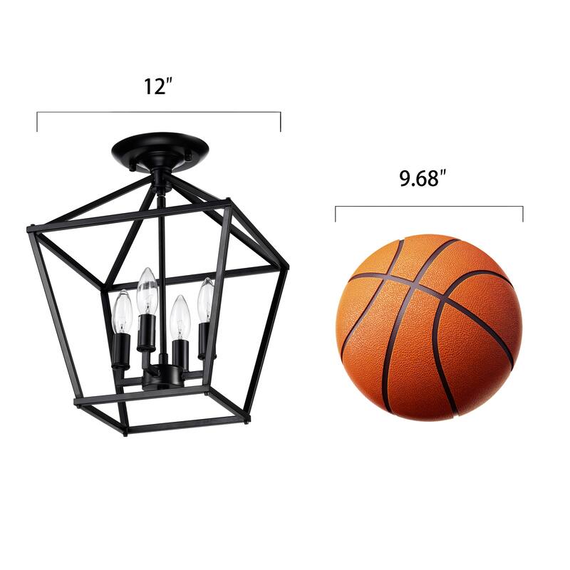 Matte Black 4-Light 12 in. Cage Lantern Farmhouse Semi-flush Mount