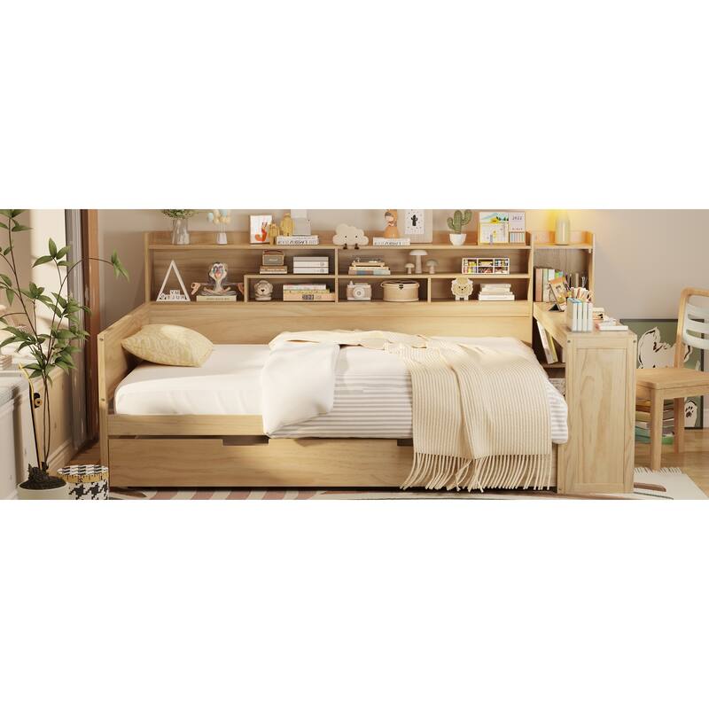 Full Size Daybed with Storage Shelves, Multi-Functional Bed with Twin Trundle and Built-In Study Desk, Space-Saving Design