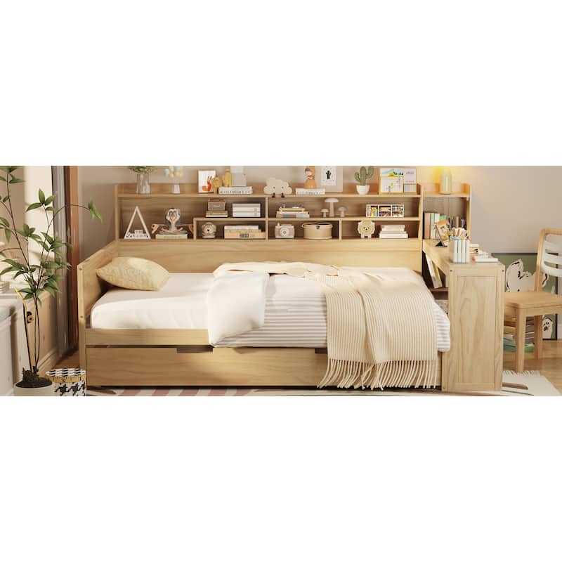 Wooden Full Size Daybed with Storage Shelves, Multi-functional Bed with Twin Size Trundle Bed and Study Desk, Natural