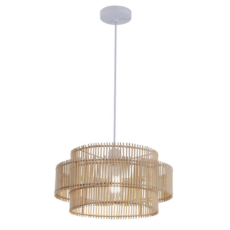 Solara 16 in. 2-Tiers 1-Light Pendant Light with Bamboo Round Shade, No Bulbs Included - Natural