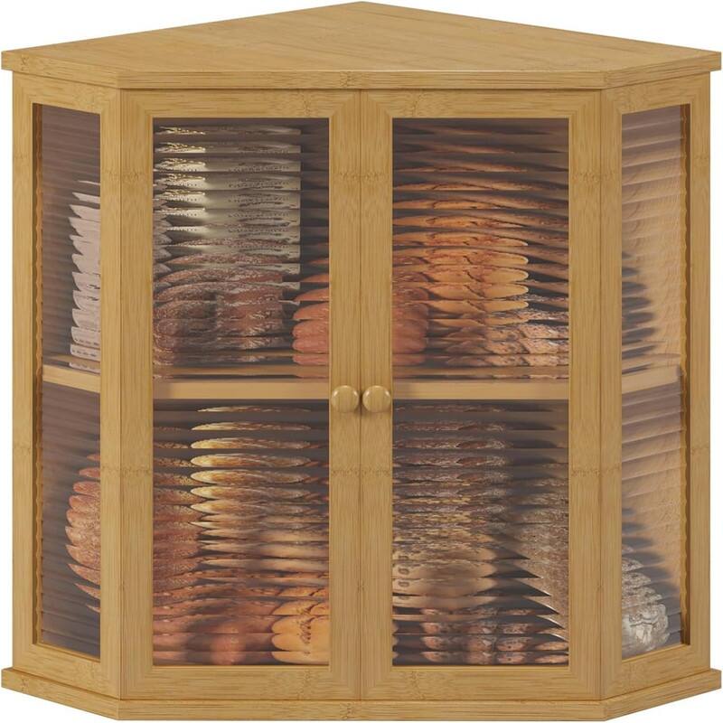 Extra-large locust wood square bread box 16.5-inch wooden bread box with glass wave door, farmhouse style design. - Bamboo