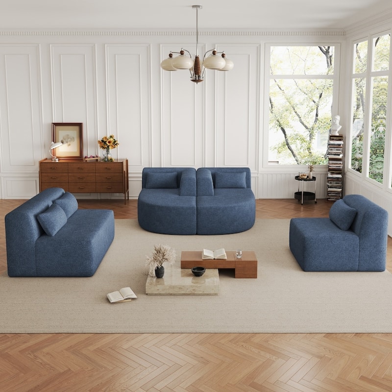 144" Upholstered Sofa Free-combined Sofa with Two Chaise Lounge and Five Back Pillows