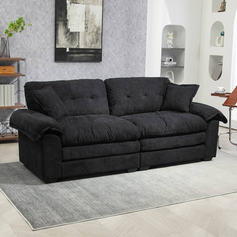 84" Small Sofa Loveseat with 2 Pillows & Memory Foam, Black Chenille Upholstered for Living Room - Multi-Color