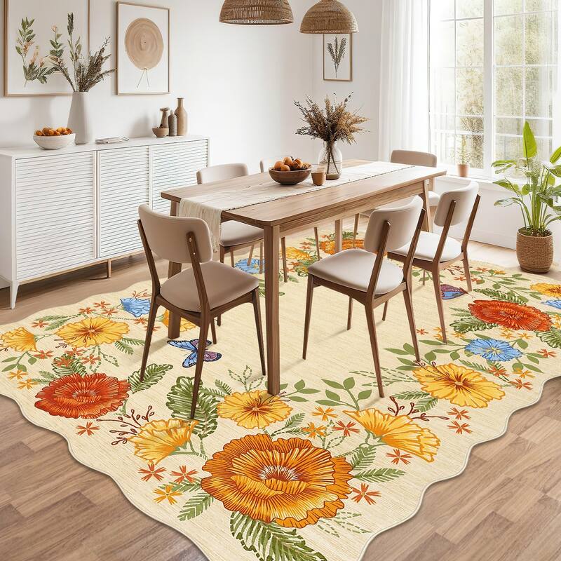 Area Rugs for Living Room Bedroom Washable Modern Floral Rug Scalloped Non-Slip Low Pile Carpet