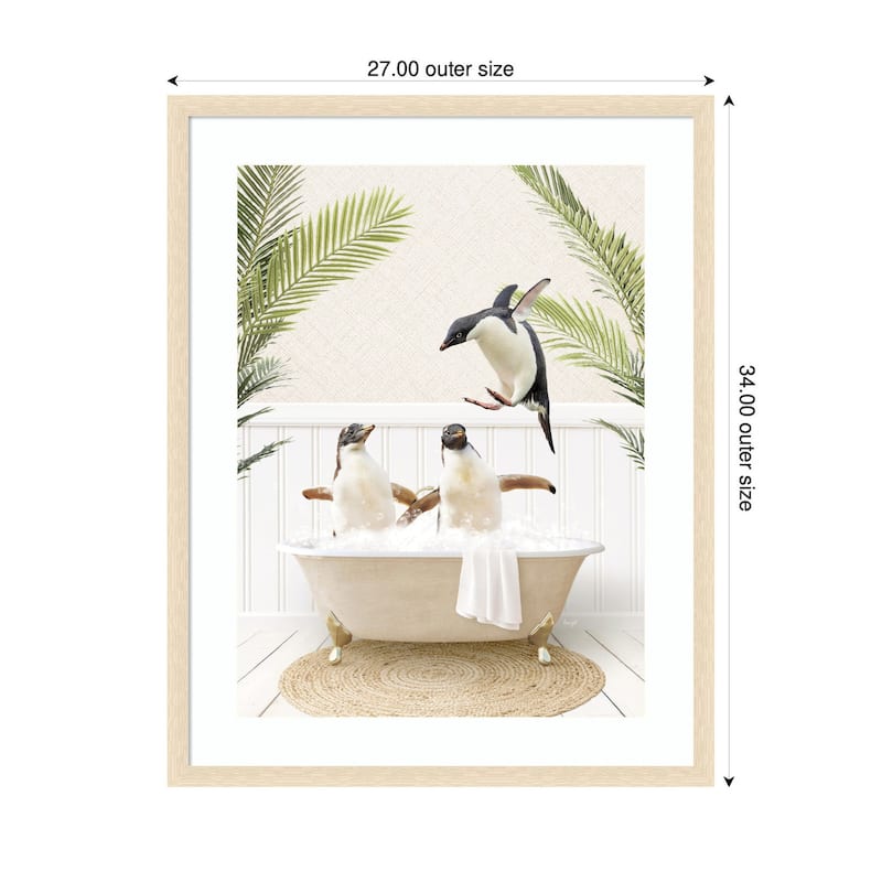 Kate and Laurel Penguins in Palms Bath by Amy Peterson Framed Wall Art Print