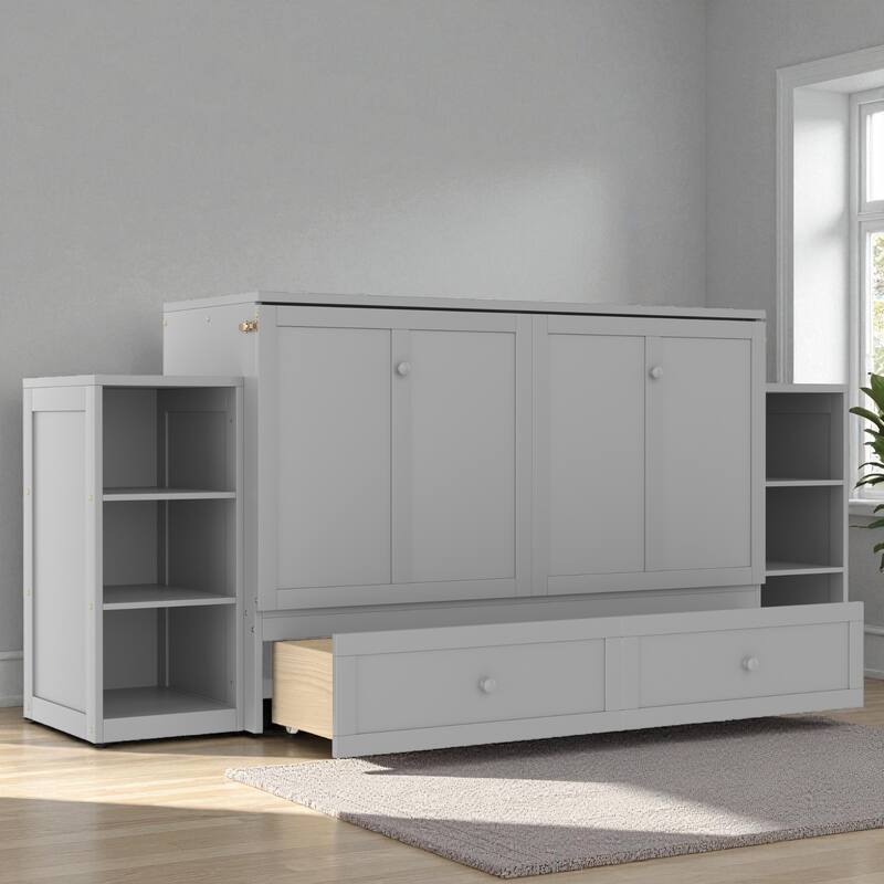 Full/Queen Size Murphy Bed with Storage Drawers and Shelves, Space-Saving Foldable Wall Bed for Guest Room