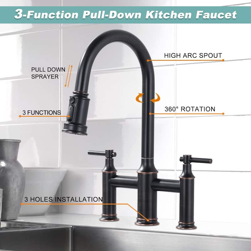 WOWOW Double Handle Pull Down Sprayer Bridge Kitchen Faucet