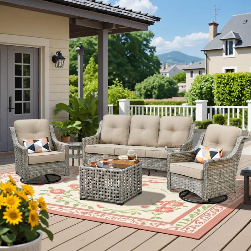 HOOOWOOO 5-piece Rattan Wicker Outdoor Conversation Set with Swivel Chair and Coffee Table