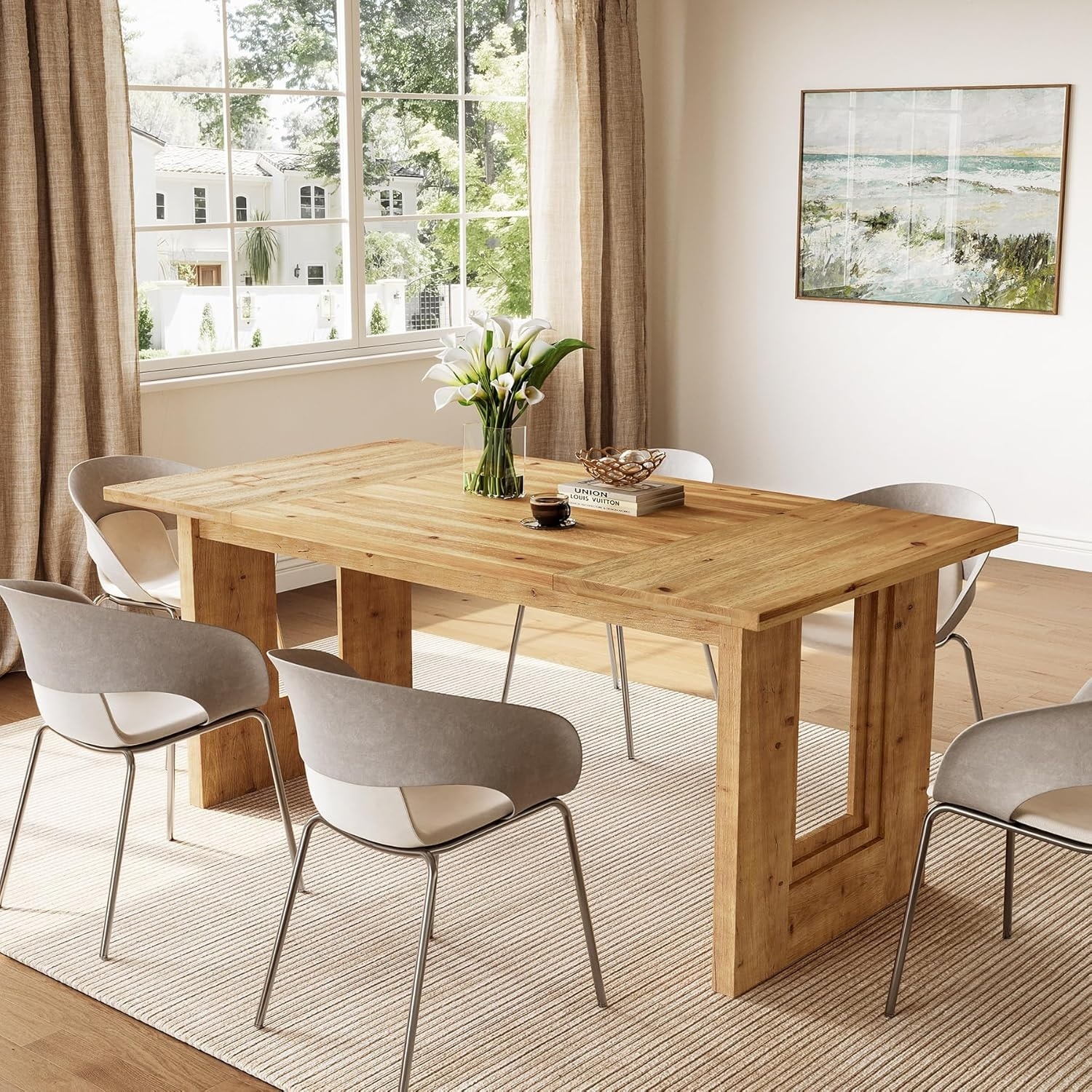 Solid Wood Dining Table for 6 People, 63-Inch Rectangle Farmhouse Kitchen Table - 63" W x 31.5" D x 29.5" H