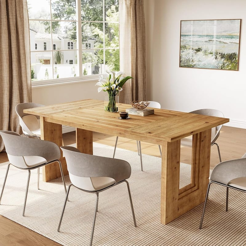 Solid Wood Dining Table for 6 People, 63-Inch Rectangle Farmhouse Kitchen Table - 63" W x 31.5" D x 29.5" H - Natural Wood