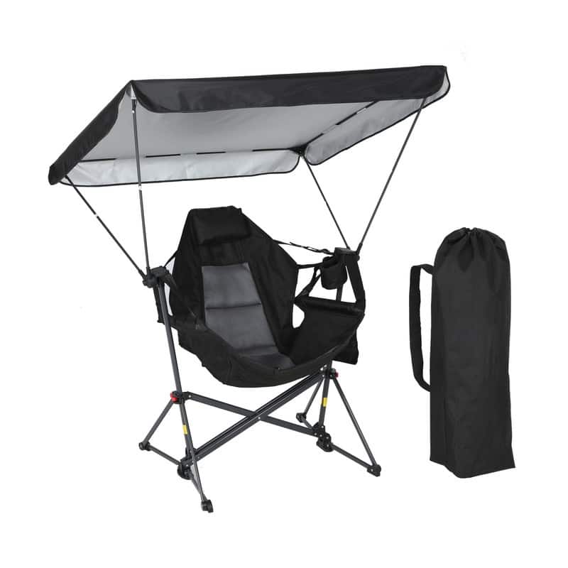 Portable Hammock Camping Chair with Adjustable Canopy, Swing Seat, Cup Holder & Folding Rocking Design - Black 1-Pack