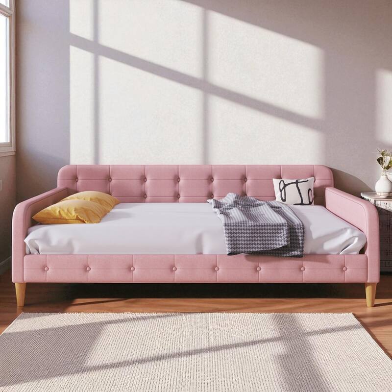 Full Size Upholstered Daybed with Velvet Fabric, Solid Wood Frame, Slat Support, No Box Spring Needed - Pink - Full