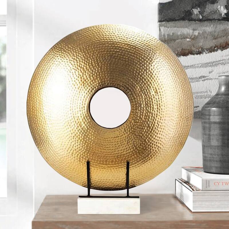 22 Inch Round Statuette, Tabletop Decor, Gold Disk, White Marble Base