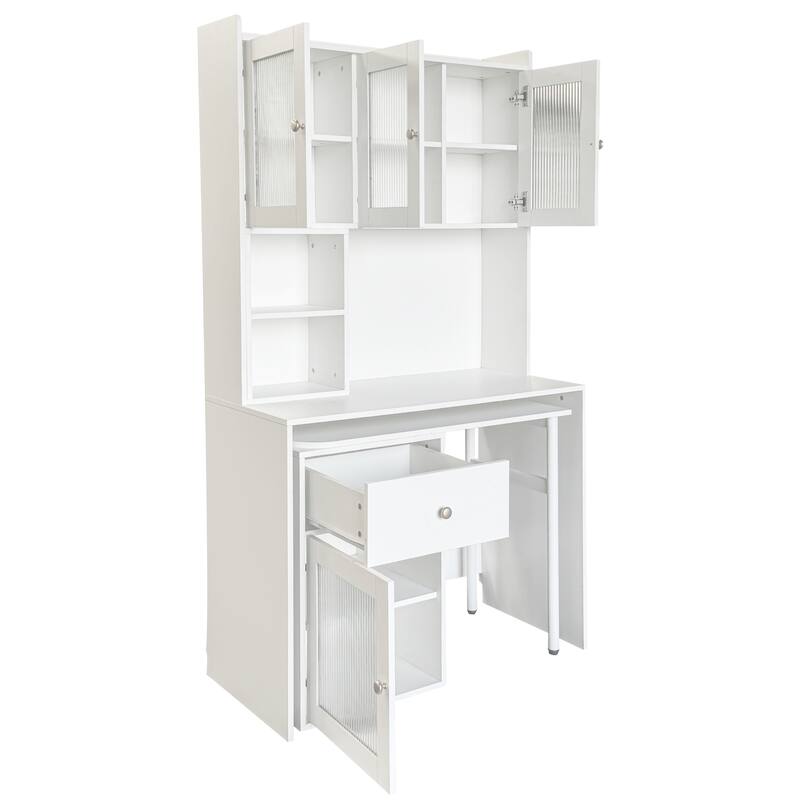Computer Desk with glass door for Home Office or Study desk, Bookshelf & Hutch, Computer Desk with 90 Degree Rotating Desktop