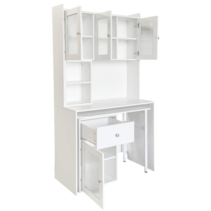 Home Office Rotating Computer Desk with Glass Doors, Large Writing Study Desk with Hutch, Bookshelf & Extendable Desktop