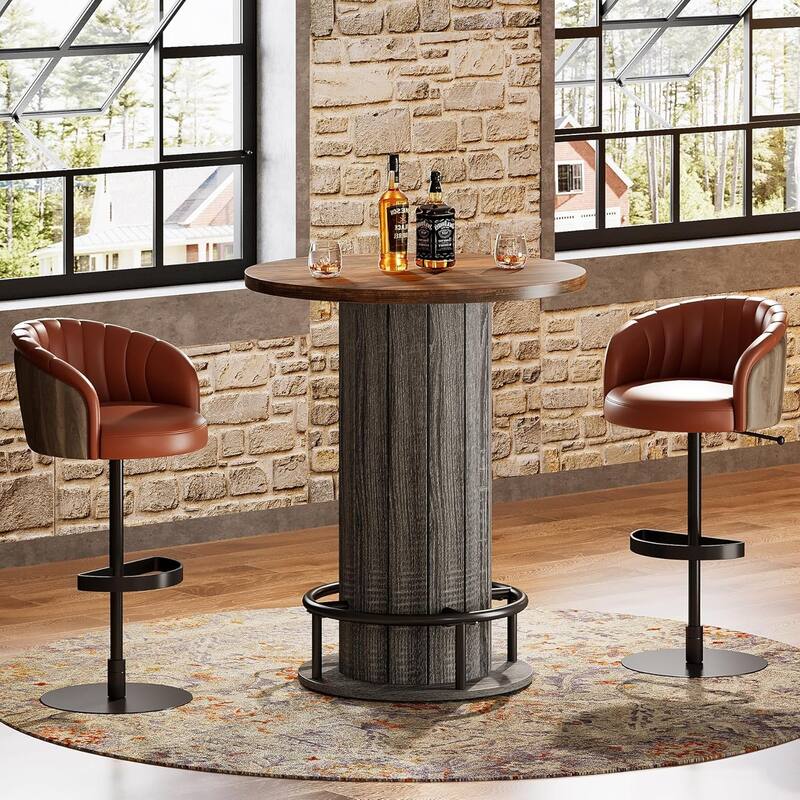 39.4" H Brown MDF Round Bar Table, Farmhouse Bistro Pub Table for Living Room