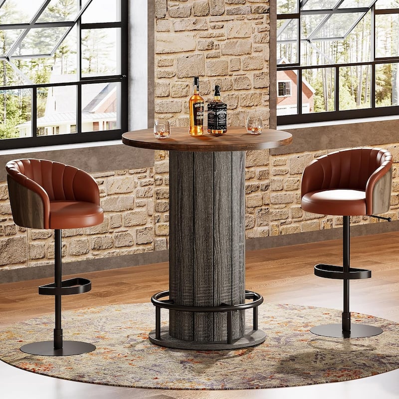 39.4 Inches Brown Wood Bar Table, Round Bistro Pub Table with Metal Ring Footrest