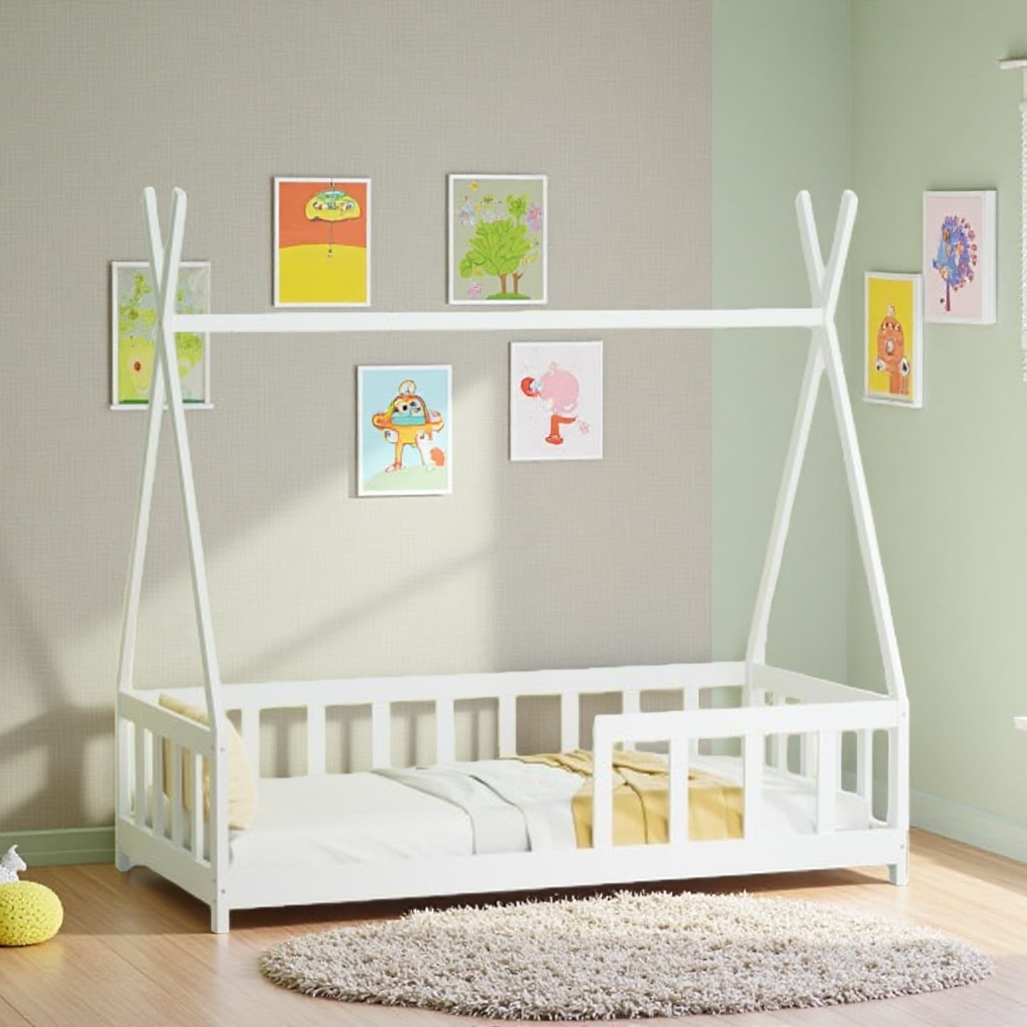 Montessori Wooden Floor Bed for Kids, House-Shaped Platform Bed with Guardrail and Tent-Style Play Area, Durable Pine