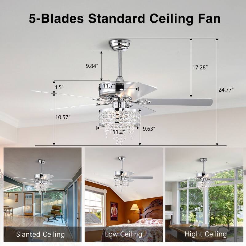 52” Modern Crystal Ceiling Fans with Lights Remote Control, Ceiling Fan with 5 Blade for Living Room, AC Motor, Chrome