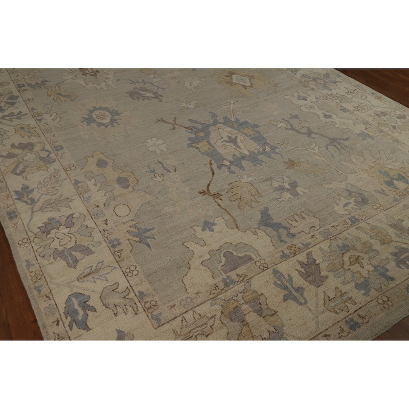 Vegetable Dye Floral Beige Oushak Turkish Rug Hand-Knotted Wool Carpet - 7'10" x 10'0"