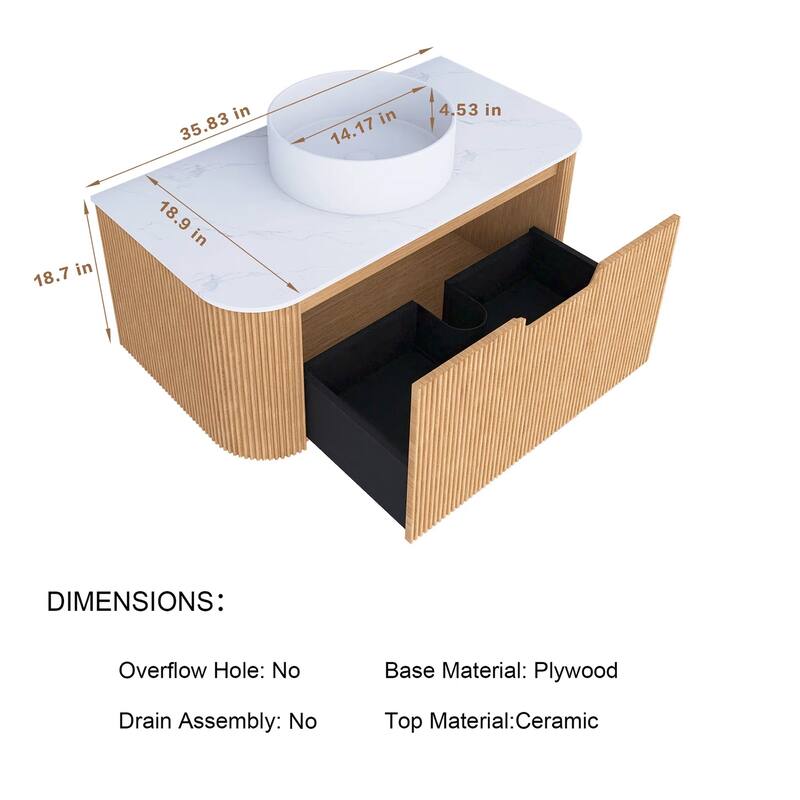 Plywood Wall-Mounted Bathroom Vanity Set with Integrated Ceramic Sink in Natural Wood