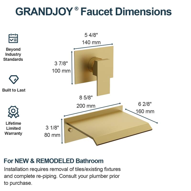 GRANDJOY Wall-Mount Waterfall Bathtub Faucets Single Handle Shower Faucets