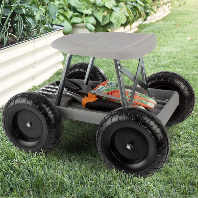 Gardening Stool - Rolling Garden Seat with Wheels and Storage Tool Tray by Pure Garden