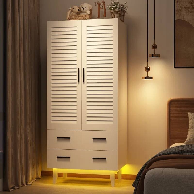 Contemporary Pine Wood Wardrobe with Adjustable Shelves LED Lighting Drawers and Louver Doors - 71'' H X 31.51'' W X 19.72'' D