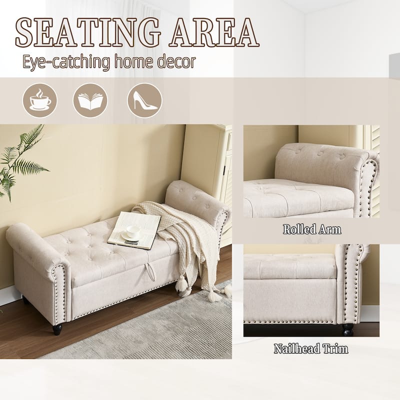 Upholstered Storage Ottoman Bench - Button Tufted Linen Ottoman with Hidden Storage for Living Room or Bedroom