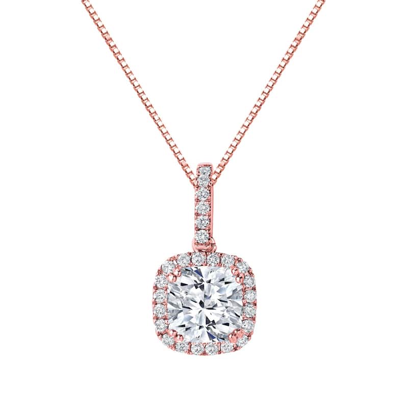 Auriya 14k Gold 2 1/4ct TDW Certified Cushion-Cut Halo Diamond Necklace (H-I, SI1-SI2) - Rose