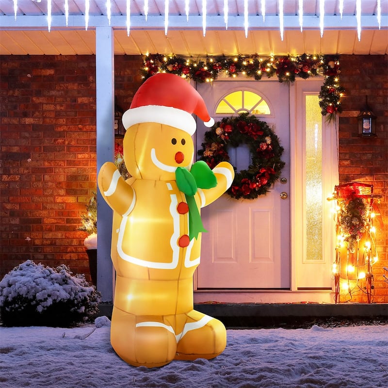 Large Yellow Gingerbread Man Inflatable with LED Lights for Holiday Indoor or Outdoor Decor