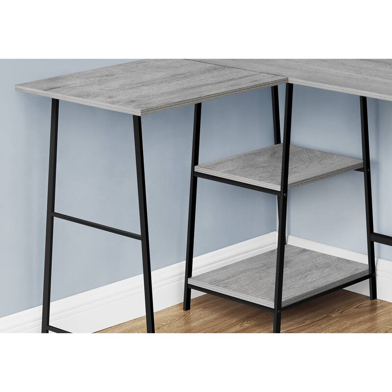 Industrial Corner Computer Desk with Storage Shelves and Metal Sawhorse Legs