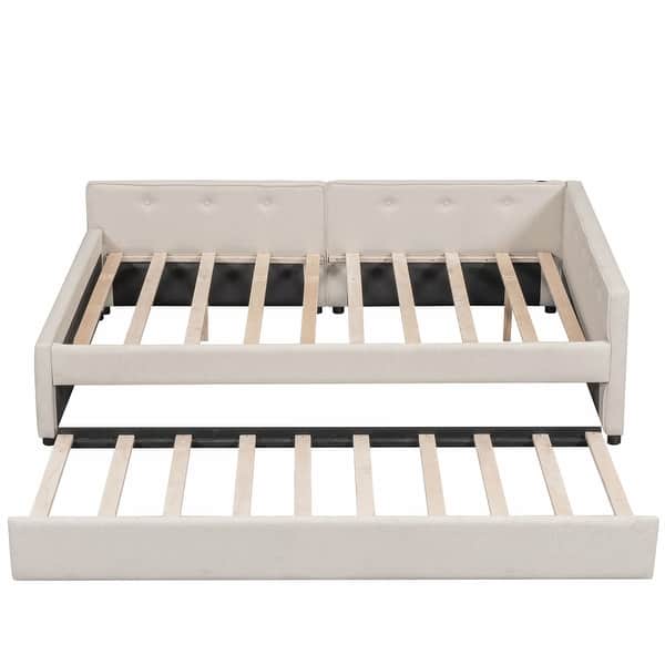slide 2 of 25, Full Size Upholstered Platform Bed with USB and Twin Size Trundle, Beige