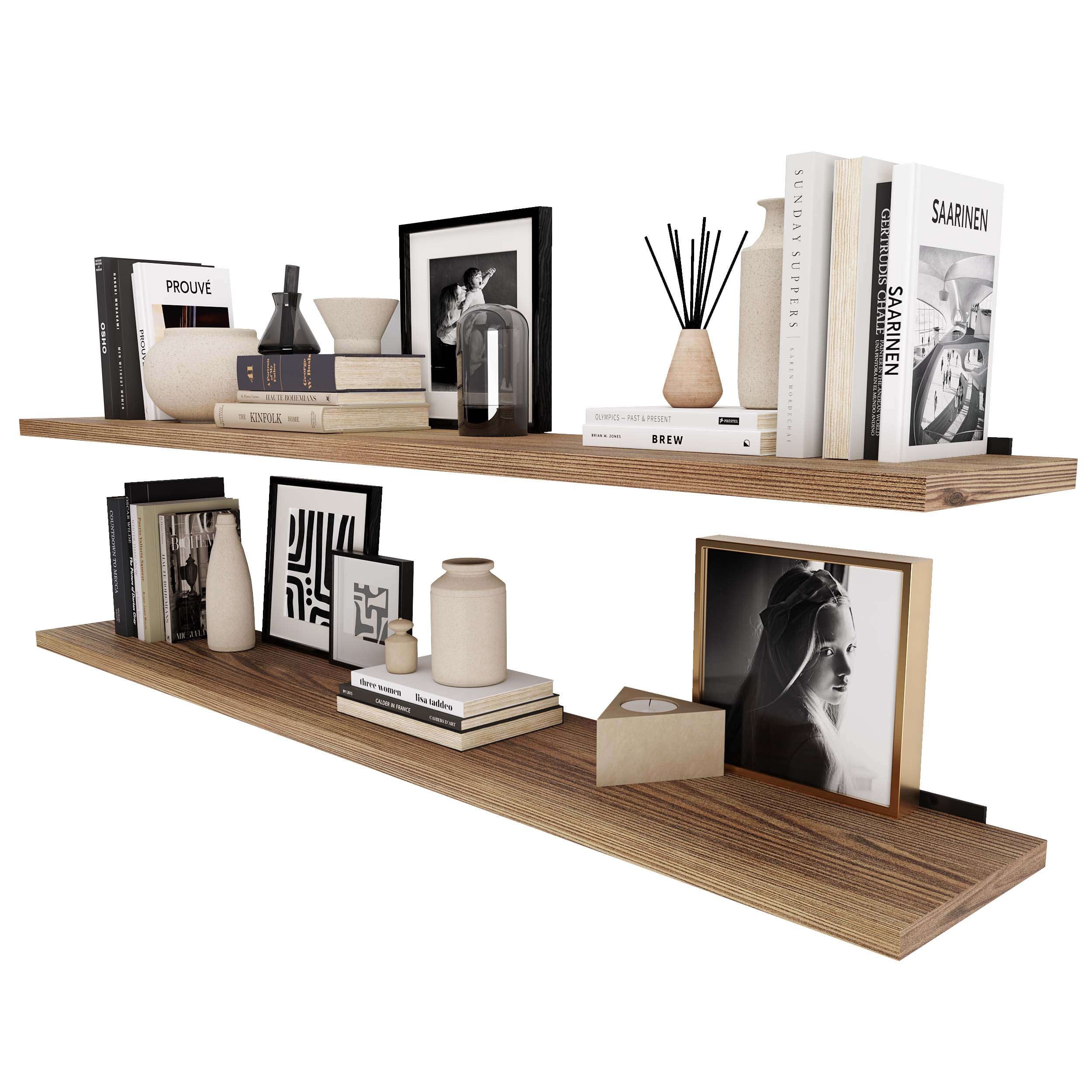 Wallniture Palm 36-48-60 Inch Long Floating Shelf for Wall, Kitchen and Living Room Decor, Bookshelf, Room Decor, Burnt, 2 Pcs
