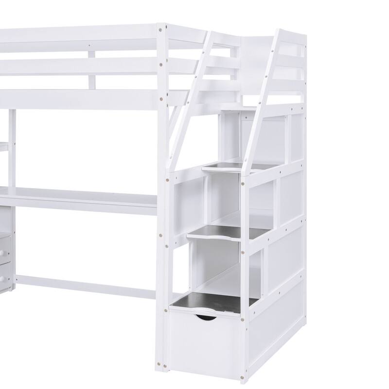 Twin/Full Size Stairway Loft Bed with Built-in Desk with Two Drawers, Solid Wood Bed Frame with Storage Shelves for Kids Teens