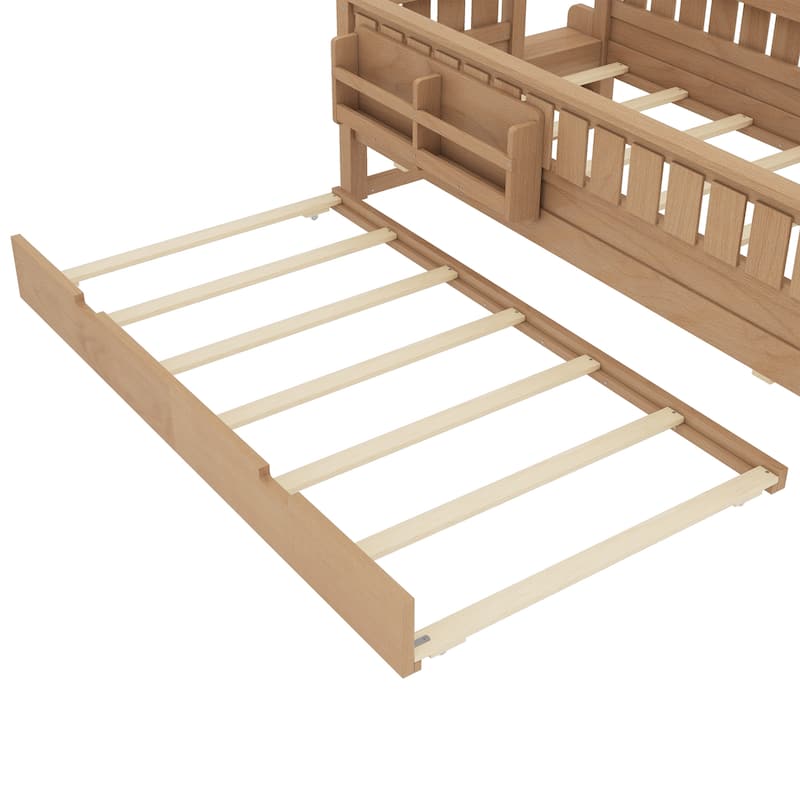 Full/Twin Size Wood Bed with Built-in Bookshelves and Storage Staircase, Safety Rails and Trundle Bed