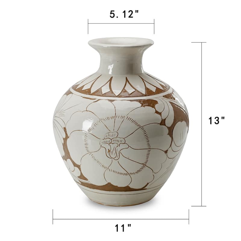 Artissance 12.6" Tall Amalfi Double Glazed Vase Small Opening With Flower Motif - 10.6" L x 10.6" W x 12.6" H