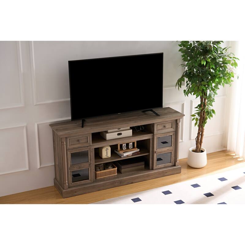 Farmhouse-Style Fireplace TV Stand up to 80-Inch TV with LED Lights, Glass Door Cabinets and Drawers, for Living Room