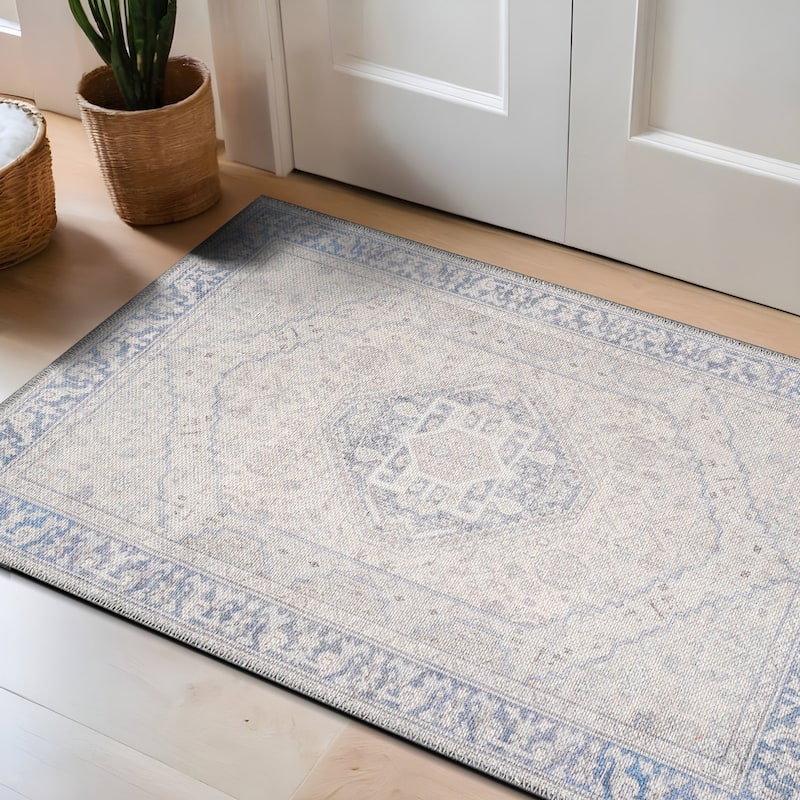 Beige Medallion Flat Pile Washable Rug - Pet Friendly, Non-Slip for Entryway and Bedroom - Blue - 2' x 3'