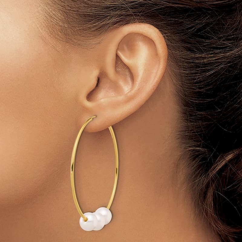 Curata 14k Yellow Gold 8-9mm Round White Freshwater Cultured Pearl Infinity Hoop Earrings (49.6mm)