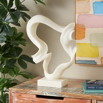 White Polystone Twisted Wave Abstract Decorative Sculpture with Elevated Base