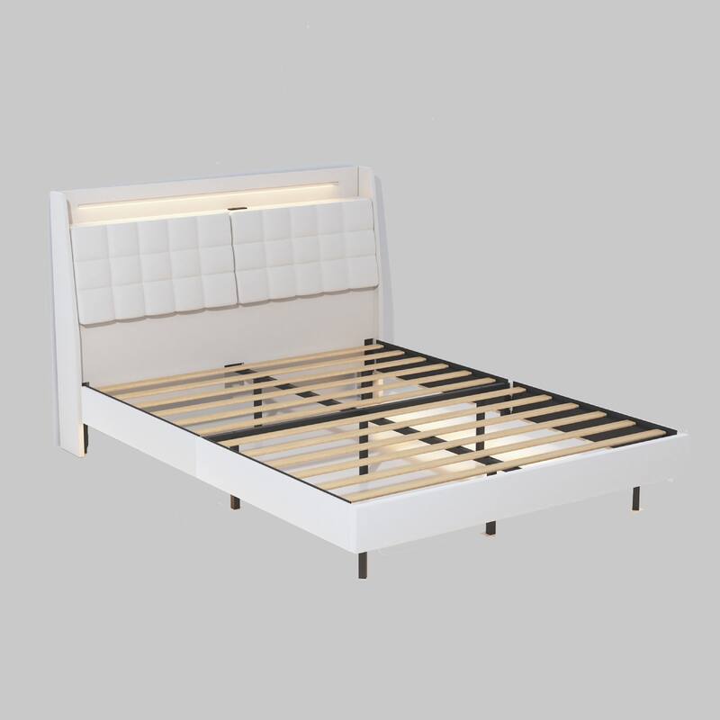 King Size Floating Bed Frame with LED Lighting, USB Ports, & Storage Headboard, No Box Spring Needed - Beige - King